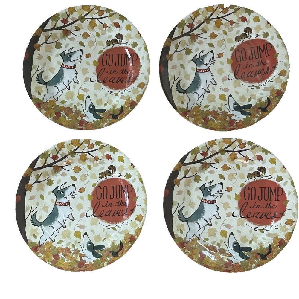 Pier 1 Plates Set of 4 Go Jump in The Leaves Dogs Squirrel Fall Autumn Melamine